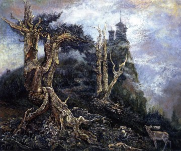 ファンタジー Painting - JW 鹿と霧の丘 ファンタジー